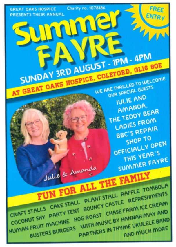 Summer Fayre at Great Oaks, Coleford. Sunday 3rd August 1pm-4pm. events@great-oaks.org.uk